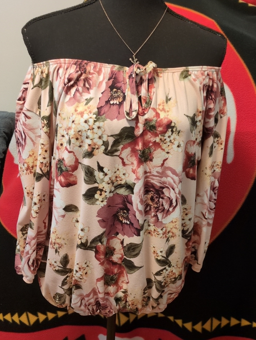 Off-Shoulder Floral Blouse in Blush Pink